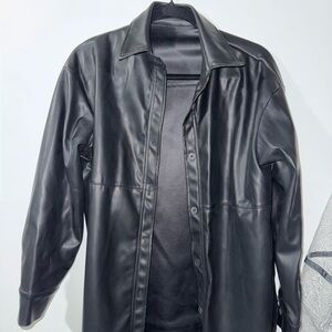 Black Faux Leather Shirt Jacket